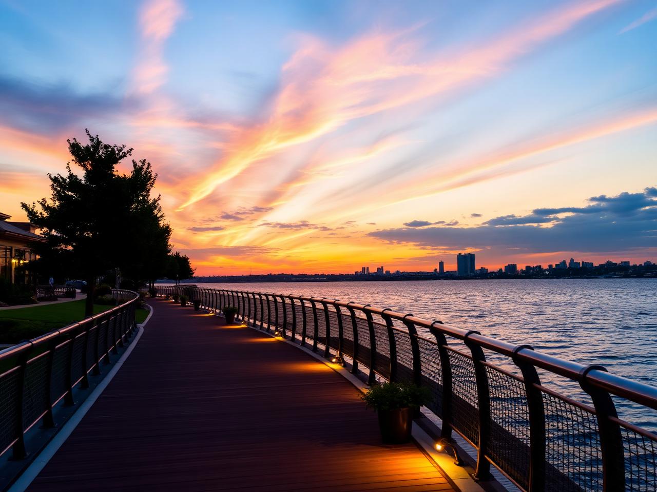 Lakefront boardwalk at sunset beside the Lakeside Electric community