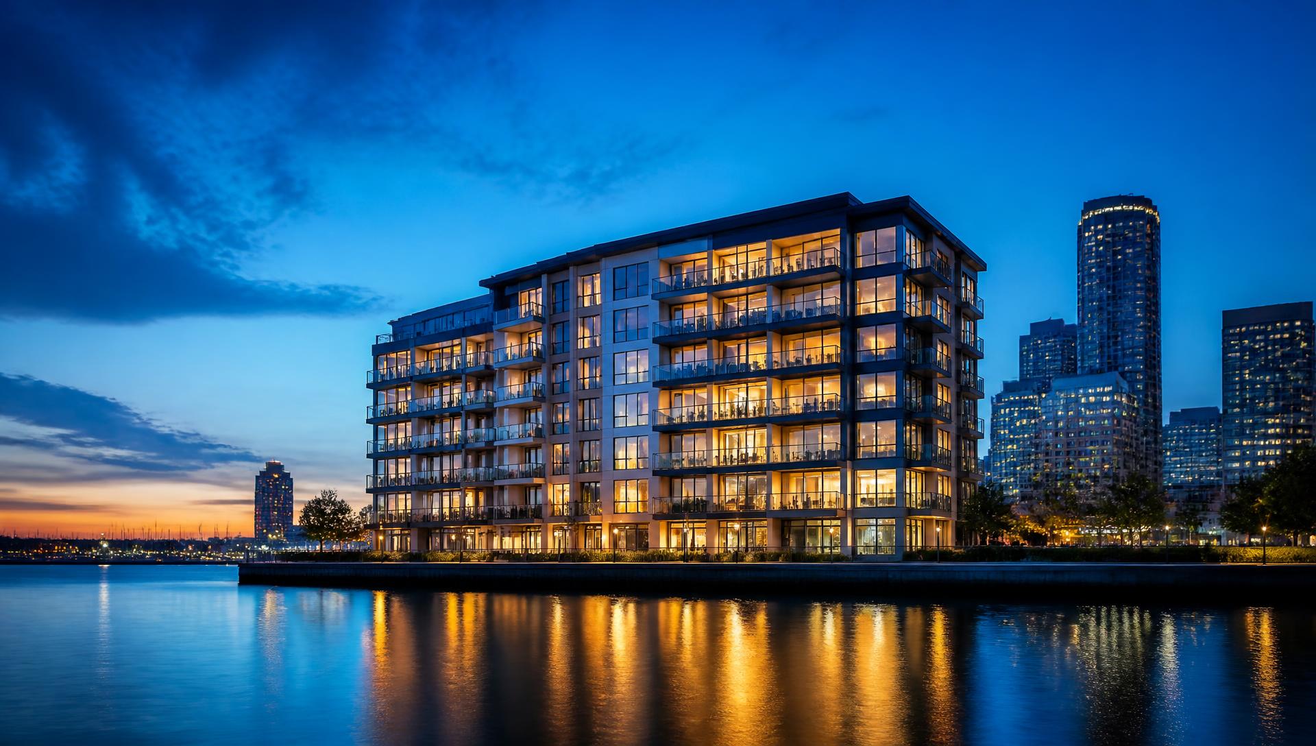Lakeside Electric waterfront apartment building lit up at dusk with the city skyline behind it