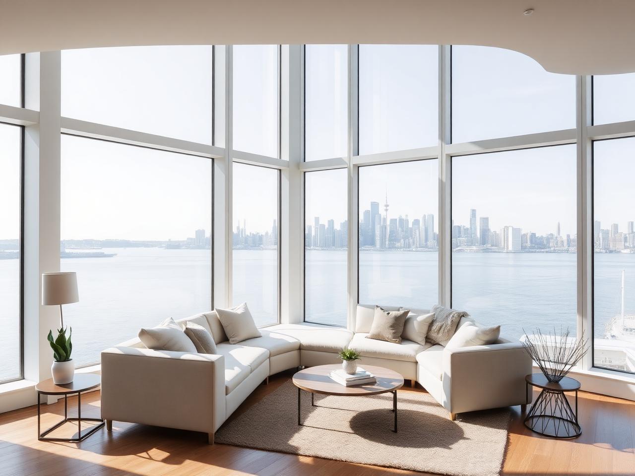 Sunlit apartment living room with floor-to-ceiling windows overlooking the lake and city skyline